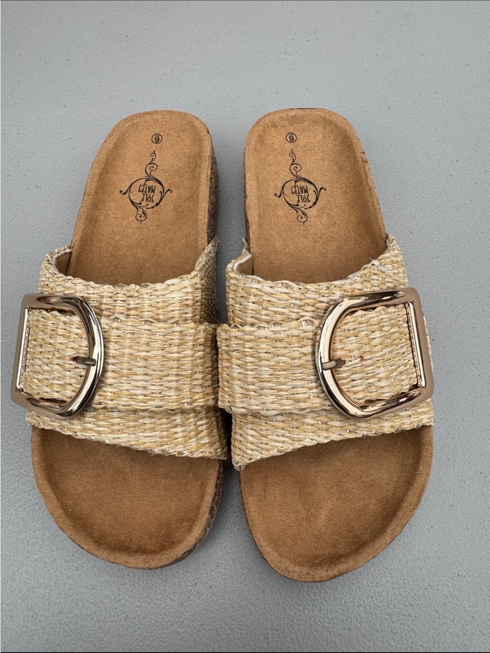 SOLE MATES Natural Raffia Woven Slide Sandals Gold Buckle Cork Footbed Size 6